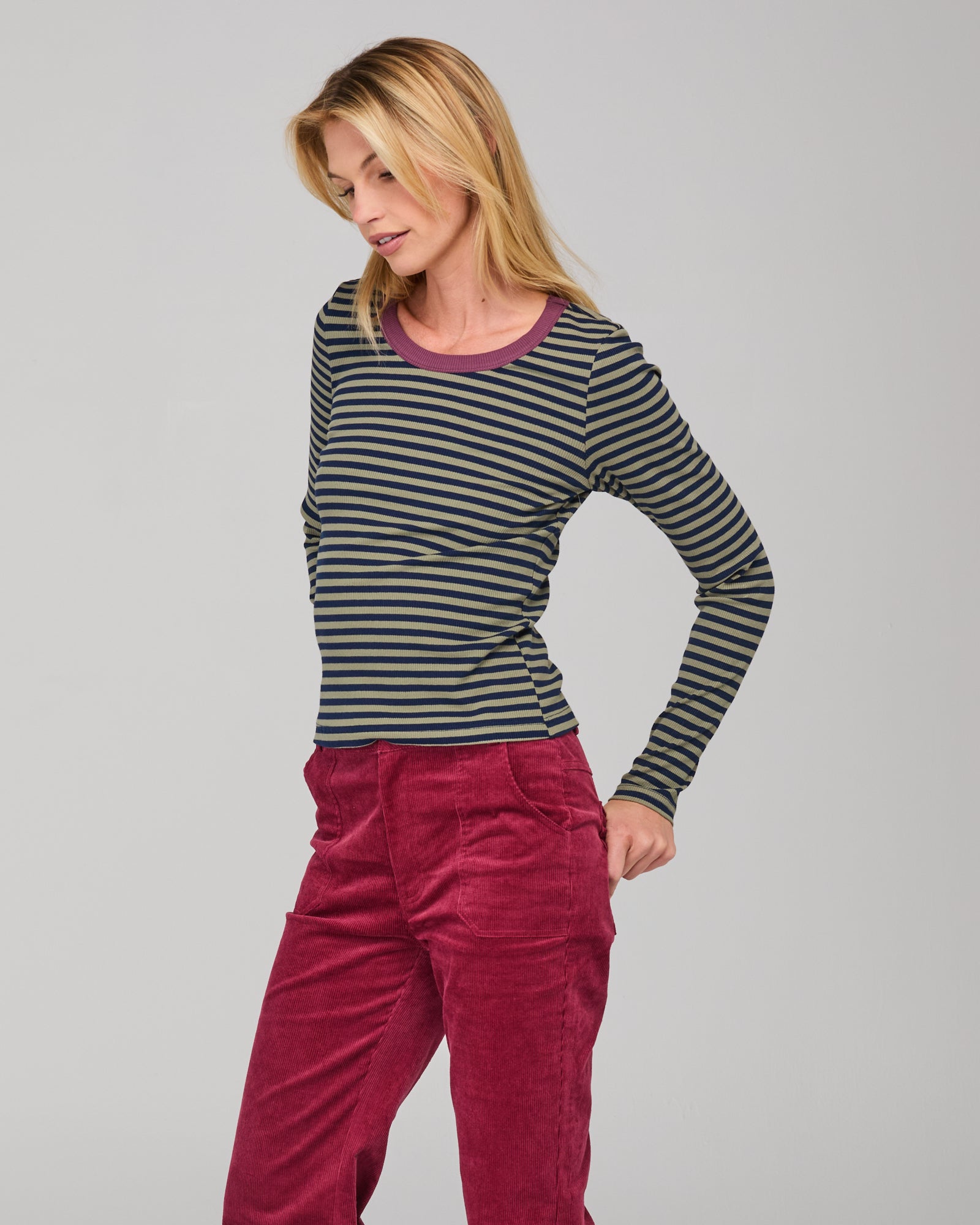 Bellissimo L/S Top -  Khaki/Navy Stripe