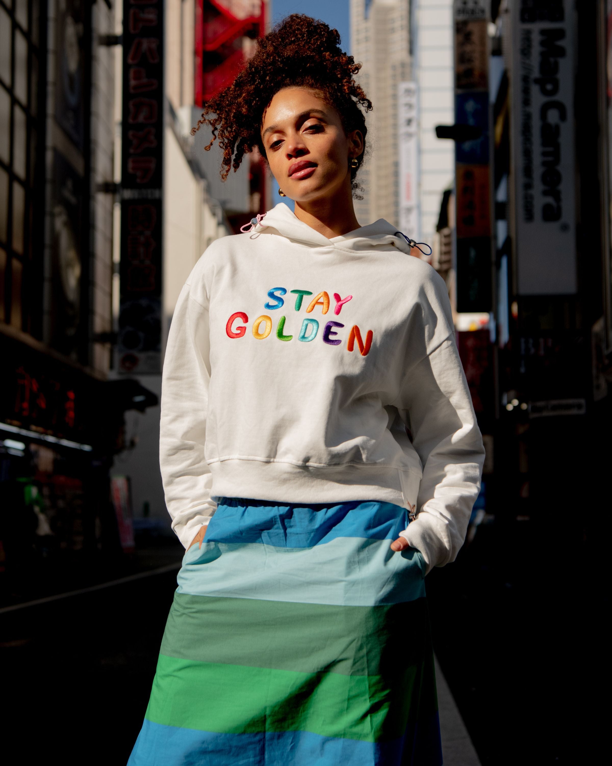 Boom Shankar Meeko Embroidered Jumper White Multi - rainbow Stay Golden embroidery detail